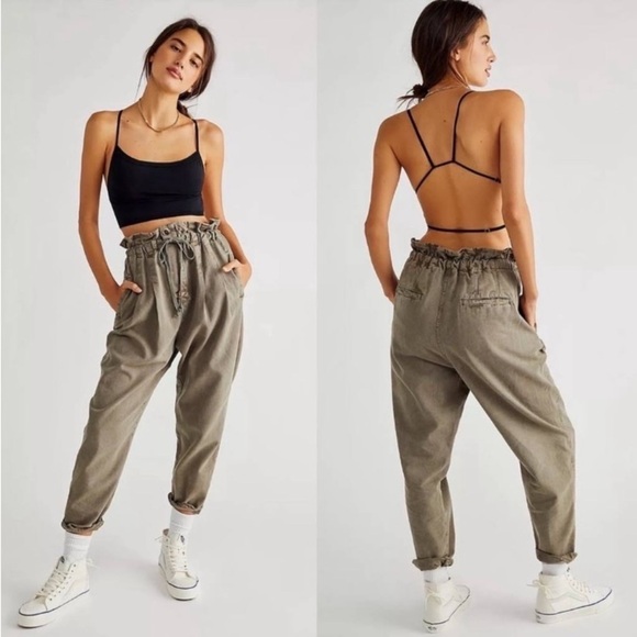 FREE PEOPLE Margate Pleated Paperbag Olive Green Relaxed Trousers - Picture 2 of 11